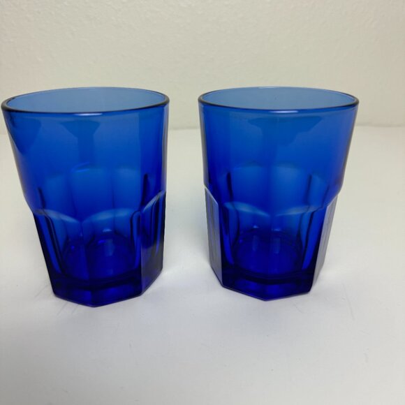Libbey Crisa Cobalt Blue Vintage Glass 8 Panel Tumbler 4" Tall Set of 2 - Picture 1 of 6